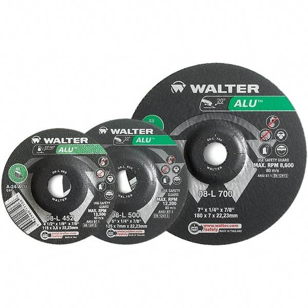WALTER Surface Technologies - 24 Grit, 7" Wheel Diam, 1/4" Wheel Thickness, Type 27 Depressed Center Wheel - Aluminum Oxide, Resinoid Bond, 8,600 Max RPM - Exact Industrial Supply