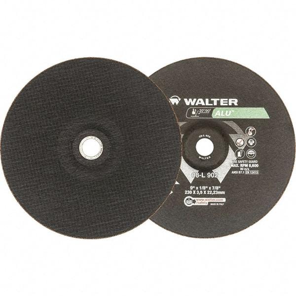 WALTER Surface Technologies - 24 Grit, 9" Wheel Diam, 1/8" Wheel Thickness, 7/8" Arbor Hole, Type 27 Depressed Center Wheel - Aluminum Oxide, Resinoid Bond, 6,600 Max RPM - Exact Industrial Supply