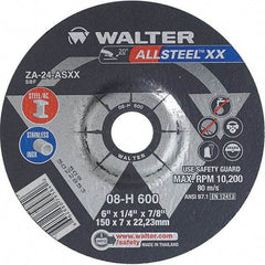 WALTER Surface Technologies - 24 Grit, 6" Wheel Diam, 1/4" Wheel Thickness, 7/8" Arbor Hole, Type 27 Depressed Center Wheel - Aluminum Oxide, Resinoid Bond, 10,200 Max RPM - Exact Industrial Supply