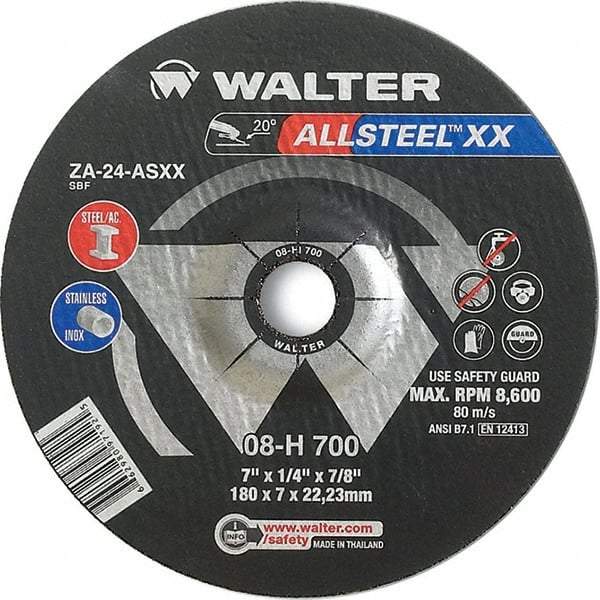WALTER Surface Technologies - 24 Grit, 7" Wheel Diam, 1/8" Wheel Thickness, 7/8" Arbor Hole, Type 27 Depressed Center Wheel - Aluminum Oxide, Resinoid Bond, 8,600 Max RPM - Exact Industrial Supply