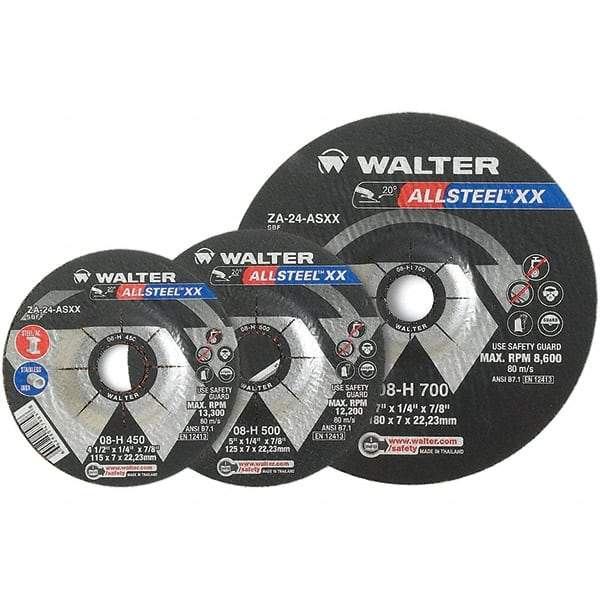 WALTER Surface Technologies - 24 Grit, 7" Wheel Diam, 1/8" Wheel Thickness, Type 27 Depressed Center Wheel - Aluminum Oxide, Resinoid Bond, 8,600 Max RPM - Exact Industrial Supply