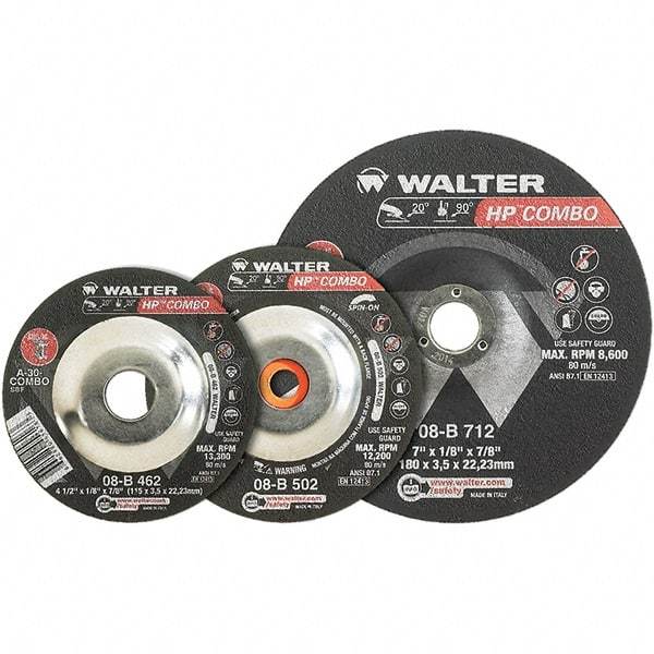 WALTER Surface Technologies - 30 Grit, 7" Wheel Diam, 1/8" Wheel Thickness, Type 27 Depressed Center Wheel - Aluminum Oxide, Resinoid Bond, 8,600 Max RPM - Exact Industrial Supply