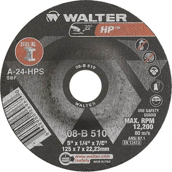 WALTER Surface Technologies - 24 Grit, 5" Wheel Diam, 1/4" Wheel Thickness, 7/8" Arbor Hole, Type 27 Depressed Center Wheel - Aluminum Oxide, Resinoid Bond, 12,200 Max RPM - Exact Industrial Supply