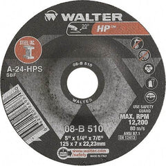 WALTER Surface Technologies - 24 Grit, 5" Wheel Diam, 1/4" Wheel Thickness, 7/8" Arbor Hole, Type 27 Depressed Center Wheel - Aluminum Oxide, Resinoid Bond, 12,200 Max RPM - Exact Industrial Supply