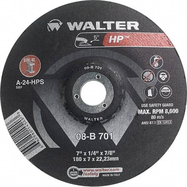 WALTER Surface Technologies - 24 Grit, 7" Wheel Diam, 1/4" Wheel Thickness, 7/8" Arbor Hole, Type 28 Depressed Center Wheel - Aluminum Oxide, Resinoid Bond, 8,600 Max RPM - Exact Industrial Supply