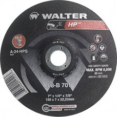WALTER Surface Technologies - 24 Grit, 7" Wheel Diam, 1/4" Wheel Thickness, 7/8" Arbor Hole, Type 28 Depressed Center Wheel - Aluminum Oxide, Resinoid Bond, 8,600 Max RPM - Exact Industrial Supply
