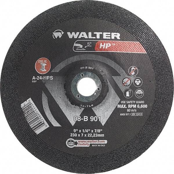 WALTER Surface Technologies - 24 Grit, 9" Wheel Diam, 1/4" Wheel Thickness, 7/8" Arbor Hole, Type 28 Depressed Center Wheel - Aluminum Oxide, Resinoid Bond, 6,600 Max RPM - Exact Industrial Supply