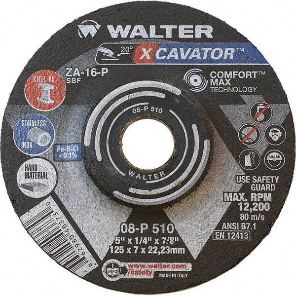 WALTER Surface Technologies - 16 Grit, 5" Wheel Diam, 1/4" Wheel Thickness, 7/8" Arbor Hole, Type 27 Depressed Center Wheel - Aluminum Oxide, Resinoid Bond, 12,200 Max RPM - Exact Industrial Supply