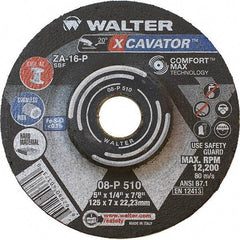 WALTER Surface Technologies - 16 Grit, 5" Wheel Diam, 1/4" Wheel Thickness, 7/8" Arbor Hole, Type 27 Depressed Center Wheel - Aluminum Oxide, Resinoid Bond, 12,200 Max RPM - Exact Industrial Supply
