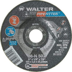 WALTER Surface Technologies - 36 Grit, 5" Wheel Diam, 1/8" Wheel Thickness, 7/8" Arbor Hole, Type 27 Depressed Center Wheel - Aluminum Oxide/Silicon Carbide Blend, Resinoid Bond, 12,200 Max RPM, Compatible with Angle Grinder - Exact Industrial Supply