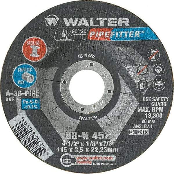 WALTER Surface Technologies - 36 Grit, 4-1/2" Wheel Diam, 1/8" Wheel Thickness, 7/8" Arbor Hole, Type 27 Depressed Center Wheel - Aluminum Oxide/Silicon Carbide Blend, Resinoid Bond, 13,300 Max RPM, Compatible with Angle Grinder - Exact Industrial Supply