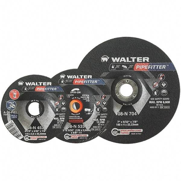 WALTER Surface Technologies - 36 Grit, 4-1/2" Wheel Diam, 5/32" Wheel Thickness, 7/8" Arbor Hole, Type 27 Depressed Center Wheel - Aluminum Oxide/Silicon Carbide Blend, Resinoid Bond, 13,300 Max RPM - Exact Industrial Supply