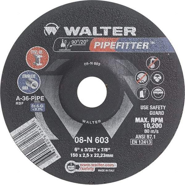 WALTER Surface Technologies - 36 Grit, 6" Wheel Diam, 3/32" Wheel Thickness, 7/8" Arbor Hole, Type 27 Depressed Center Wheel - Aluminum Oxide/Silicon Carbide Blend, Resinoid Bond, 10,200 Max RPM - Exact Industrial Supply
