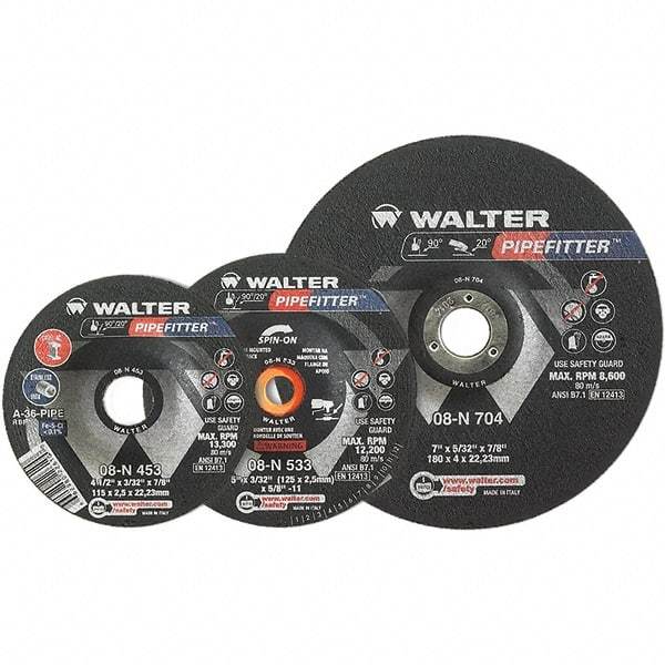 WALTER Surface Technologies - 20 Grit, 9" Wheel Diam, 5/32" Wheel Thickness, 7/8" Arbor Hole, Type 27 Depressed Center Wheel - Aluminum Oxide/Silicon Carbide Blend, Resinoid Bond, 6,600 Max RPM - Exact Industrial Supply