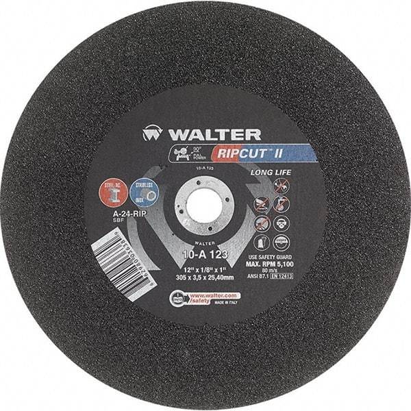 WALTER Surface Technologies - 12" 24 Grit Aluminum Oxide Cutoff Wheel - 1/8" Thick, 1" Arbor, 5,100 Max RPM, Use with Stationary Tools - Exact Industrial Supply