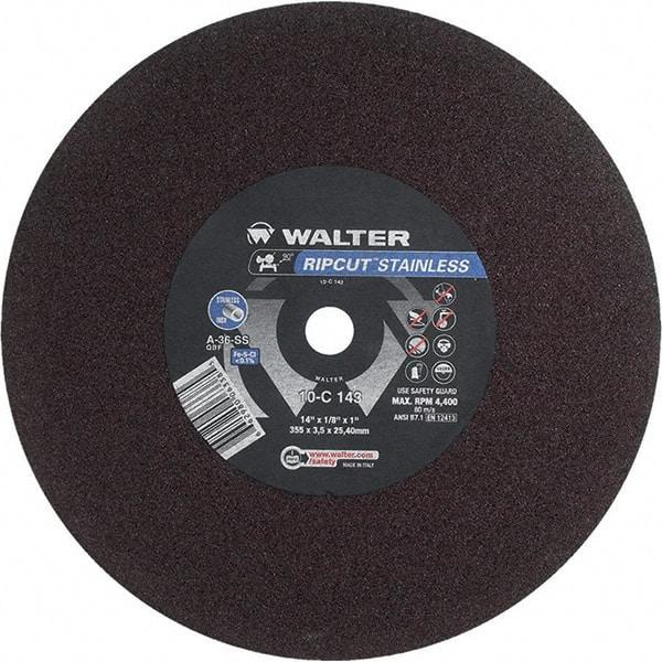 WALTER Surface Technologies - 14" 36 Grit Aluminum Oxide Cutoff Wheel - 1/8" Thick, 1" Arbor, 4,400 Max RPM, Use with Stationary Tools - Exact Industrial Supply
