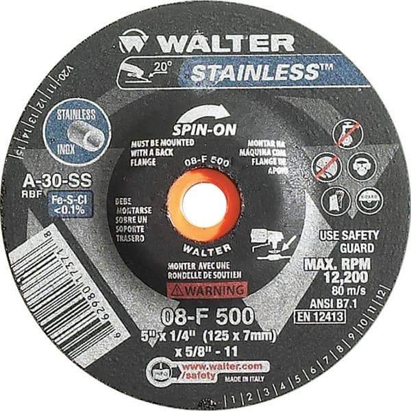 WALTER Surface Technologies - 30 Grit, 5" Wheel Diam, 1/4" Wheel Thickness, Type 27 Depressed Center Wheel - Aluminum Oxide, Resinoid Bond, 12,200 Max RPM - Exact Industrial Supply