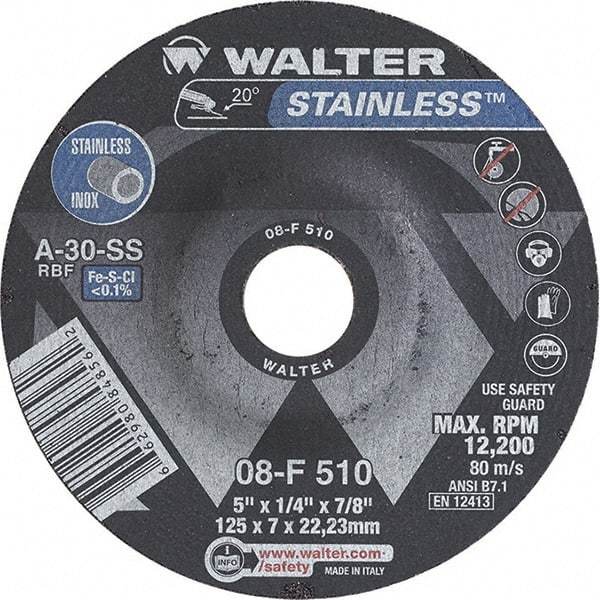 WALTER Surface Technologies - 30 Grit, 5" Wheel Diam, 1/4" Wheel Thickness, 7/8" Arbor Hole, Type 27 Depressed Center Wheel - Aluminum Oxide, Resinoid Bond, 12,200 Max RPM - Exact Industrial Supply