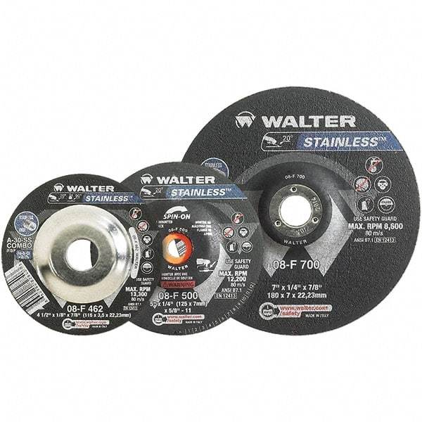 WALTER Surface Technologies - 30 Grit, 6" Wheel Diam, 1/8" Wheel Thickness, 7/8" Arbor Hole, Type 27 Depressed Center Wheel - Aluminum Oxide, Resinoid Bond, 10,200 Max RPM - Exact Industrial Supply