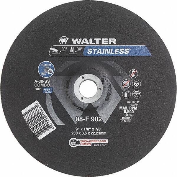 WALTER Surface Technologies - 30 Grit, 9" Wheel Diam, 1/8" Wheel Thickness, 7/8" Arbor Hole, Type 27 Depressed Center Wheel - Aluminum Oxide, Resinoid Bond, 6,600 Max RPM - Exact Industrial Supply