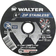 WALTER Surface Technologies - 5" 60 Grit Aluminum Oxide/Silicon Carbide Blend Cutoff Wheel - 3/64" Thick, 7/8" Arbor, 12,200 Max RPM, Use with Angle Grinders - Exact Industrial Supply