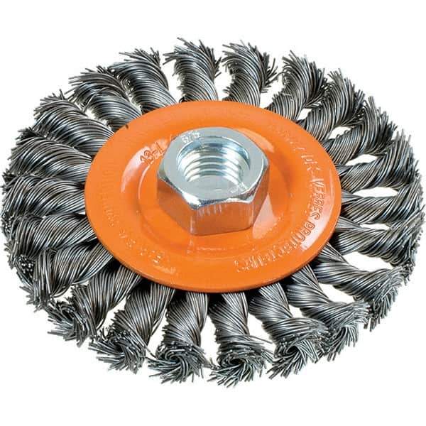 WALTER Surface Technologies - 4" OD, 5/8-11 Arbor Hole, Knotted Steel Wheel Brush - 3/8" Face Width, 0.02" Filament Diam, 20,000 RPM - Exact Industrial Supply