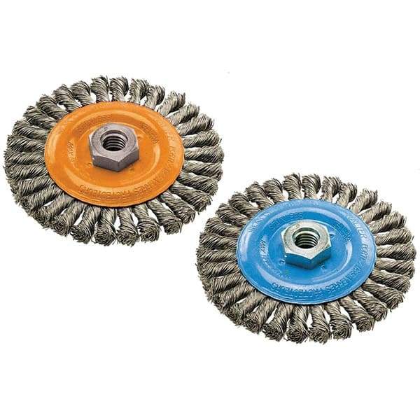 WALTER Surface Technologies - 6" OD, 5/8-11 Arbor Hole, Knotted Steel Wheel Brush - 3/8" Face Width, 0.02" Filament Diam, 10,000 RPM - Exact Industrial Supply
