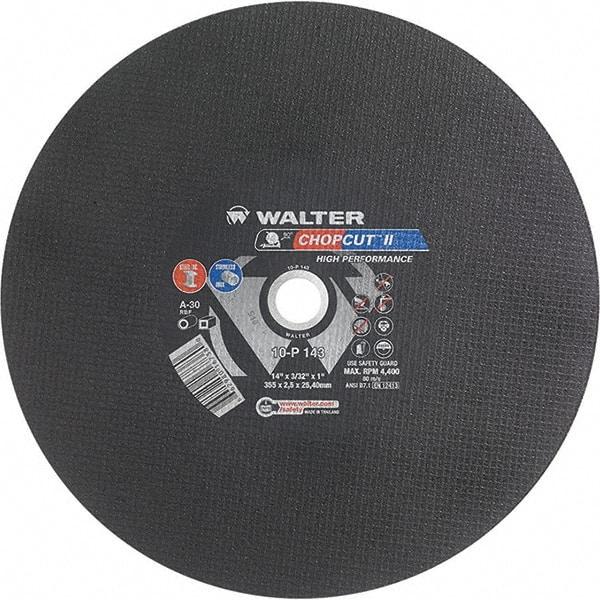 WALTER Surface Technologies - 14" 30 Grit Aluminum Oxide Cutoff Wheel - 3/32" Thick, 1" Arbor, 4,400 Max RPM, Use with Chop Saws - Exact Industrial Supply