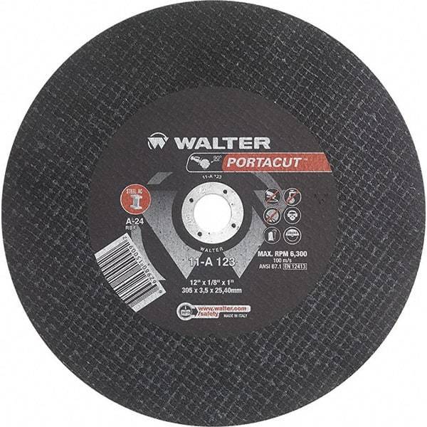 WALTER Surface Technologies - 12" 24 Grit Aluminum Oxide Cutoff Wheel - 1/8" Thick, 1" Arbor, 6,300 Max RPM, Use with Electric & Gas Powered Saws - Exact Industrial Supply