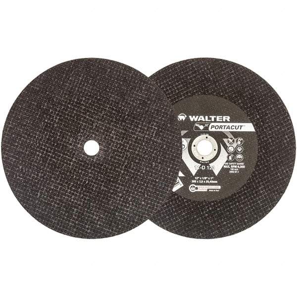 WALTER Surface Technologies - 12" 24 Grit Aluminum Oxide Cutoff Wheel - 1/8" Thick, 1" Arbor, 6,300 Max RPM, Use with Electric & Gas Powered Saws - Exact Industrial Supply