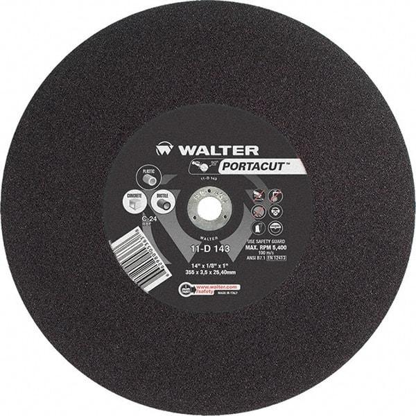 WALTER Surface Technologies - 14" 24 Grit Aluminum Oxide Cutoff Wheel - 1/8" Thick, 1" Arbor, 5,400 Max RPM, Use with Electric & Gas Powered Saws - Exact Industrial Supply