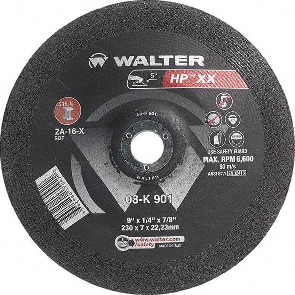WALTER Surface Technologies - 16 Grit, 9" Wheel Diam, 1/4" Wheel Thickness, 7/8" Arbor Hole, Type 28 Depressed Center Wheel - Aluminum Oxide, Resinoid Bond, 6,600 Max RPM - Exact Industrial Supply