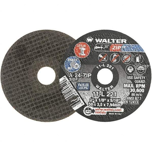 WALTER Surface Technologies - 2" 24 Grit Aluminum Oxide Cutoff Wheel - 1/8" Thick, 5/16" Arbor, 31,000 Max RPM, Use with Die Grinders - Exact Industrial Supply