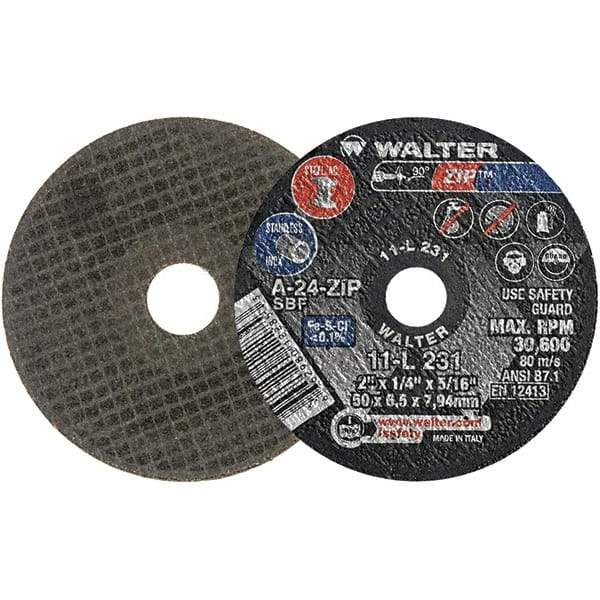 WALTER Surface Technologies - 2" 24 Grit Aluminum Oxide Cutoff Wheel - 1/4" Thick, 5/16" Arbor, 31,000 Max RPM, Use with Die Grinders - Exact Industrial Supply