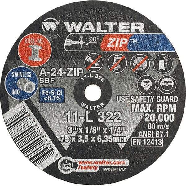 WALTER Surface Technologies - 3" 24 Grit Aluminum Oxide Cutoff Wheel - 1/8" Thick, 1/4" Arbor, 25,470 Max RPM, Use with Die Grinders - Exact Industrial Supply