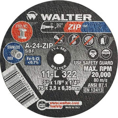 WALTER Surface Technologies - 3" 24 Grit Aluminum Oxide Cutoff Wheel - 1/8" Thick, 1/4" Arbor, 25,470 Max RPM, Use with Die Grinders - Exact Industrial Supply