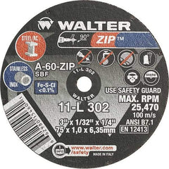 WALTER Surface Technologies - 3" 60 Grit Aluminum Oxide Cutoff Wheel - 1/32" Thick, 1/4" Arbor, 25,470 Max RPM, Use with Die Grinders - Exact Industrial Supply
