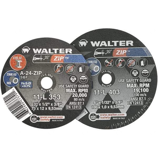 WALTER Surface Technologies - 3" 24 Grit Aluminum Oxide Cutoff Wheel - 1/8" Thick, 3/8" Arbor, 25,470 Max RPM, Use with Die Grinders - Exact Industrial Supply
