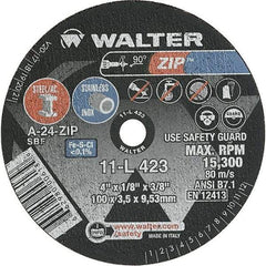 WALTER Surface Technologies - 4" 24 Grit Aluminum Oxide Cutoff Wheel - 1/8" Thick, 3/8" Arbor, 19,100 Max RPM, Use with Die Grinders - Exact Industrial Supply