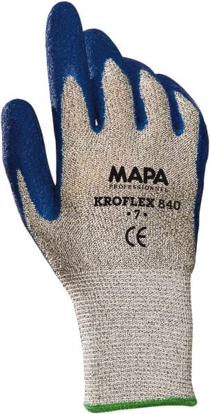 Cut, Puncture & Abrasive-Resistant Gloves: Size S, ANSI Cut A4, ANSI Puncture 2, Latex, Dyneema Blue & Gray, 23 cm OAL, Palm Coated, HDPE Lined, ANSI Abrasion 4