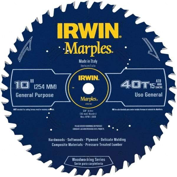 Irwin Blades - 10" Diam, 5/8" Arbor Hole Diam, 40 Tooth Wet & Dry Cut Saw Blade - Carbide-Tipped, Finishing Action, Standard Round Arbor - Exact Industrial Supply