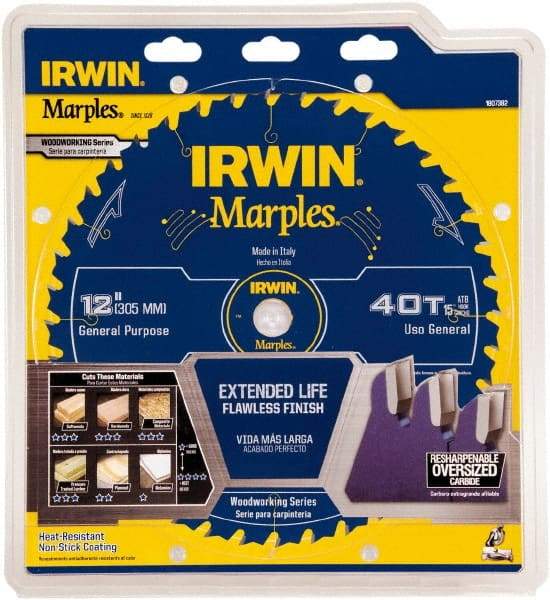 Irwin Blades - 12" Diam, 1" Arbor Hole Diam, 40 Tooth Wet & Dry Cut Saw Blade - Carbide-Tipped, Finishing Action, Standard Round Arbor - Exact Industrial Supply