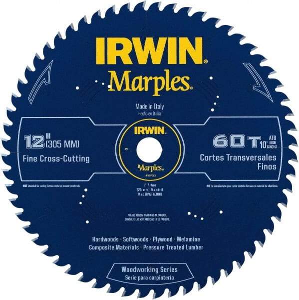 Irwin - 12" Diam, 1" Arbor Hole Diam, 60 Tooth Wet & Dry Cut Saw Blade - Carbide-Tipped, Finishing Action, Standard Round Arbor - Exact Industrial Supply