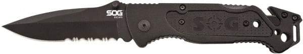 SOG Specialty Knives - 3-13/32" Blade, 8.2" OAL, Partially Serrated Clip Point Folding Knife - 4.8" Closed Length, Plastic, 1 Blade, 1 Edge - Exact Industrial Supply