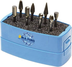 M.A. Ford - 8 Piece, 3mm Shank Burr Set - Solid Carbide, Multiple Head Shapes, 3° Included Angle - Exact Industrial Supply