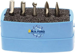 M.A. Ford - 5 Piece, 6mm Shank Burr Set - Solid Carbide, Multiple Head Shapes, 6° Included Angle - Exact Industrial Supply