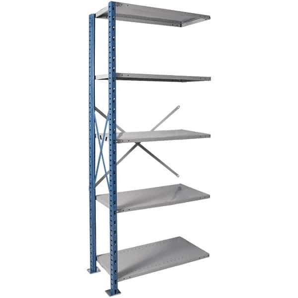 Hallowell - 5 Shelf Add-On Extra Heavy-Duty Open Steel Shelving - 1 Lb Capacity, 36" Wide x 87" High x 18" Deep, Blue/Platinum - Exact Industrial Supply