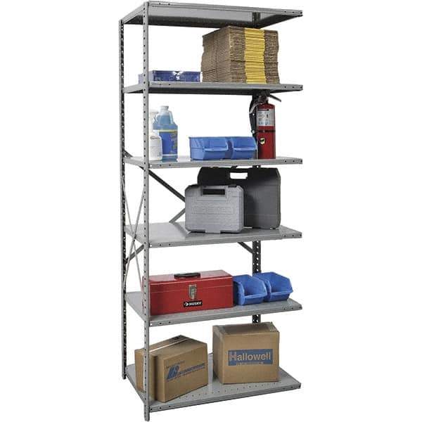 Hallowell - 6 Shelf Add-On Medium-Duty Open Steel Shelving - 375 Lb Capacity, 48" Wide x 87" High x 12" Deep, Gray - Exact Industrial Supply