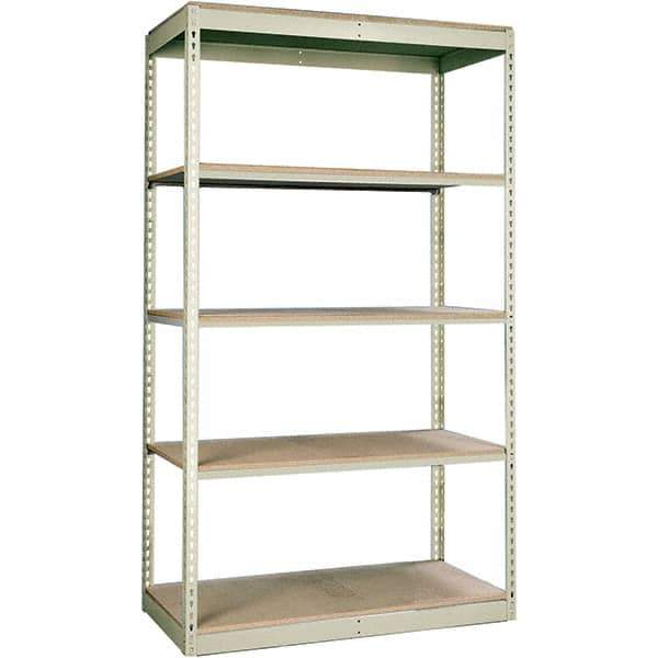 Hallowell - 5 Shelf Starter Particle Board Open Steel Shelving - 350 Lb Capacity, 48" Wide x 84" High x 18" Deep, Tan - Exact Industrial Supply