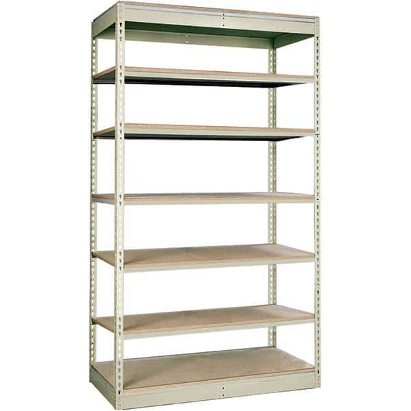 Hallowell - 7 Shelf Starter Particle Board Open Steel Shelving - 350 Lb Capacity, 36" Wide x 84" High x 36" Deep, Tan - Exact Industrial Supply